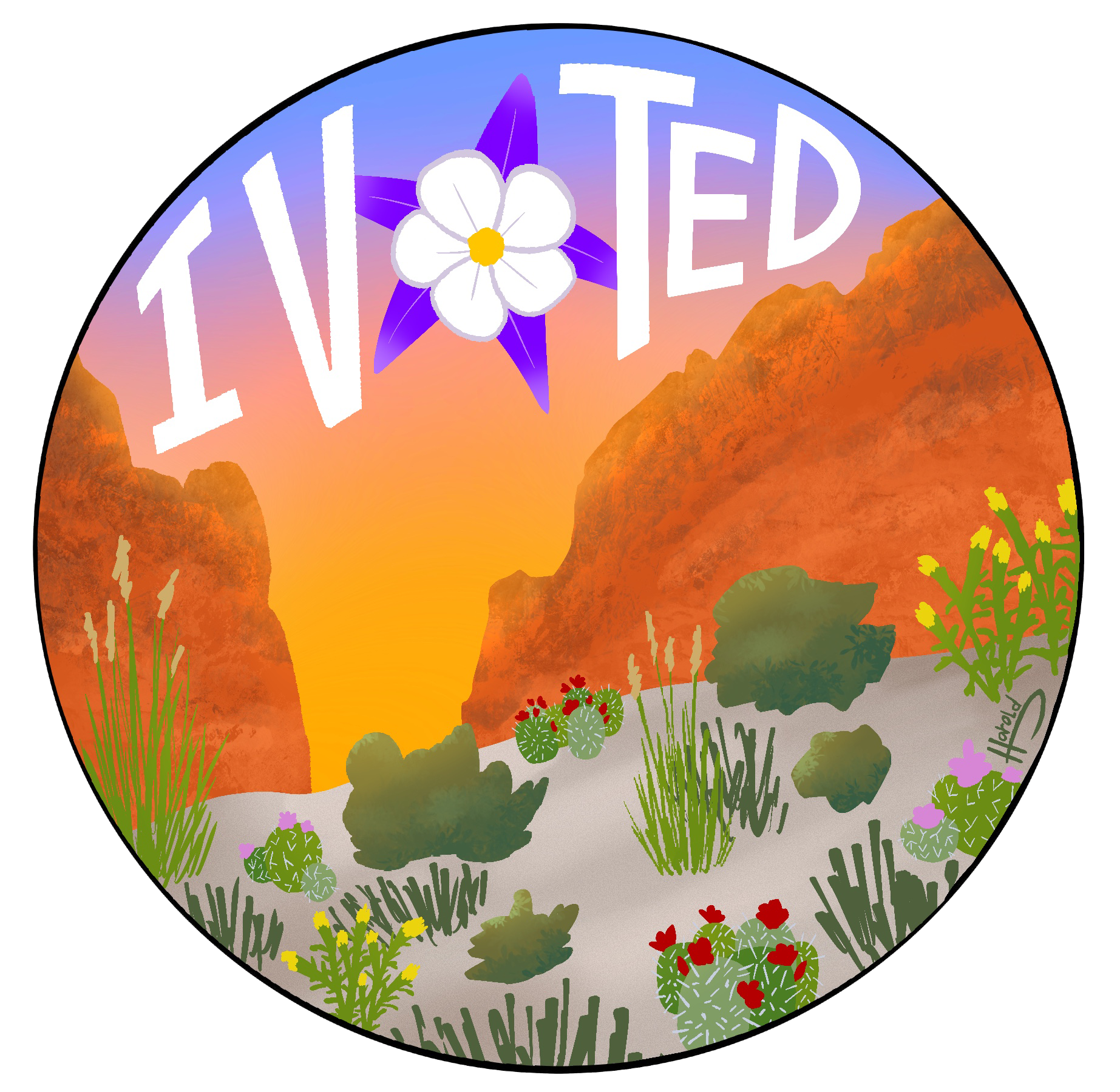Sticker with "I voted" text. The O in voted is a Columbine flower, and the words sit over a canyon with cliffs on either side of a desert vista with native plants and flowers.